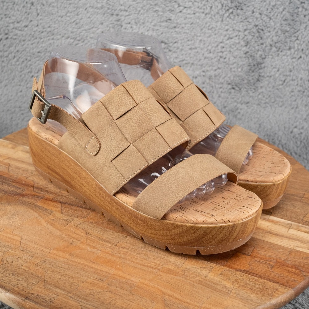 Korks Fraya Women's‎ 9 Tan Leather Cork Wedge Slingback Buckle Summer Sandals